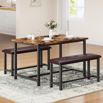 Dining Table Set for 4, Kitchen Table with 2 Upholstered Benches, Rectangular Dining Room Table Set