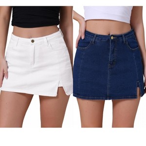 INSPIRE CHIC Women's Jean Side Slit High Waisted A-Line Stretch Mini Denim Skirts 2 Packs - 1 of 4