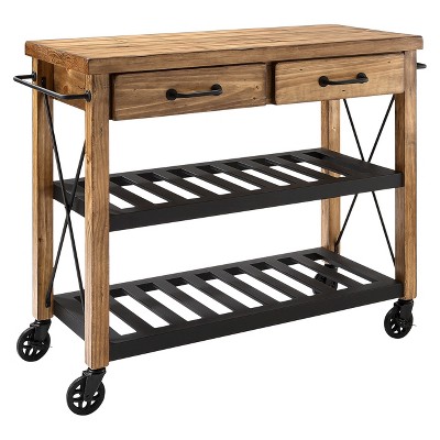 Roots Rack Industrial Kitchen Cart Wood/Natural - Crosley: Rolling Island with Storage, Wine Shelves