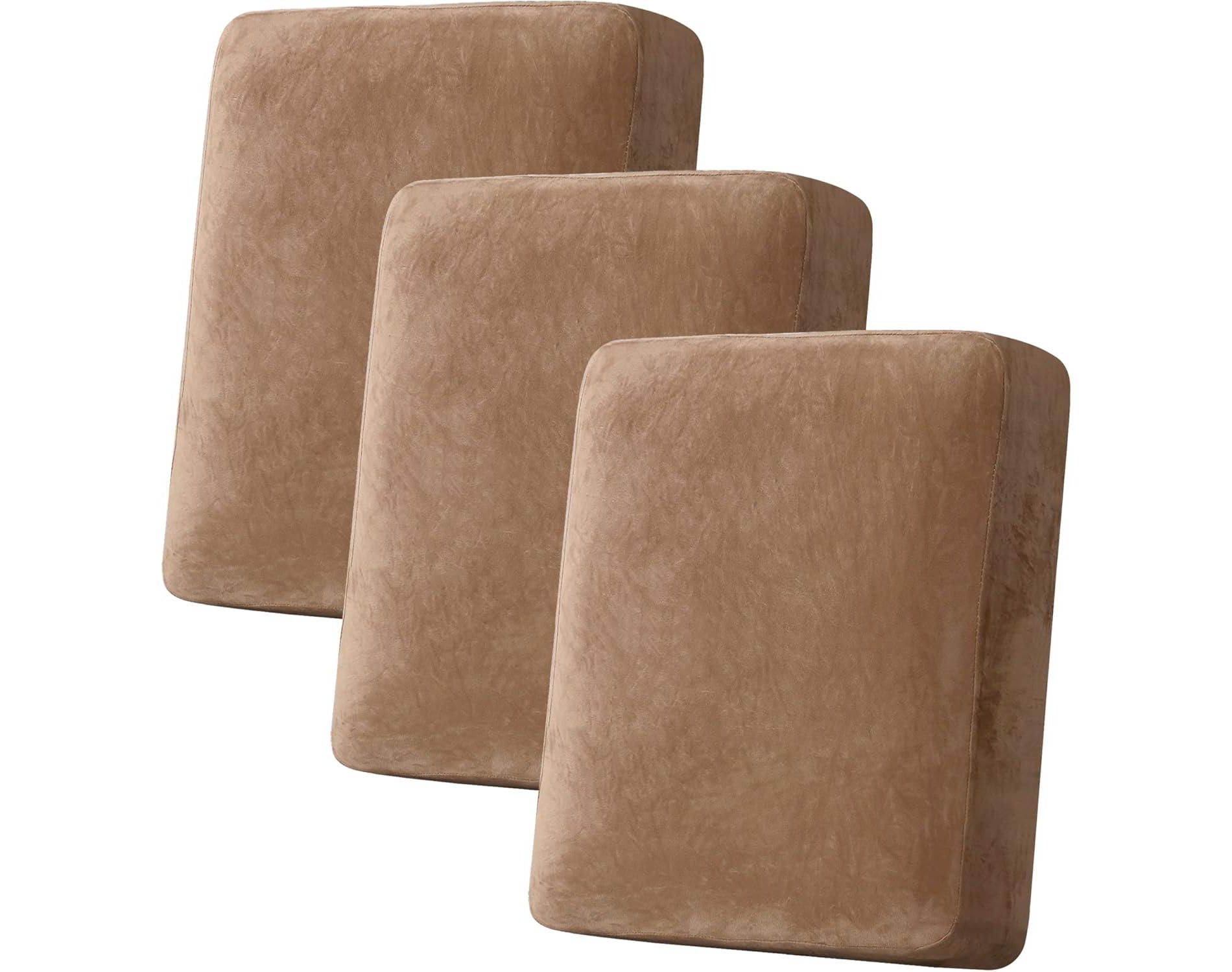 Velvet Stretch Couch Cushion Cover Plush Cushion Slipcover CAMEL 3 Cushion Sofa