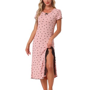 INSPIRE CHIC Women's Short Sleeves Heart Print Lace Trim Slit Side Ribbed Knit Long Nightgowns - 1 of 4