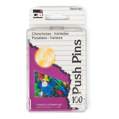 Charles Leonard Push Pins, Assorted Colors, Box of 100 (Case of 12)