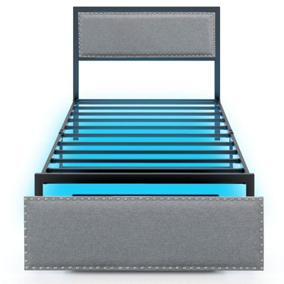 Infans Twin Size Bed Frame with Storage Drawer Metal Platform Bed with LED Lights