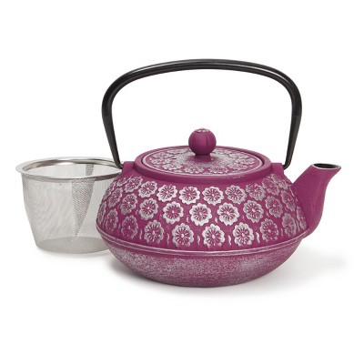 Juvale Purple Cast Iron Floral Teapot Kettle with Stainless Steel Infuser Set, Japanese Tea Pot for Kitchen Pantry, 34 oz