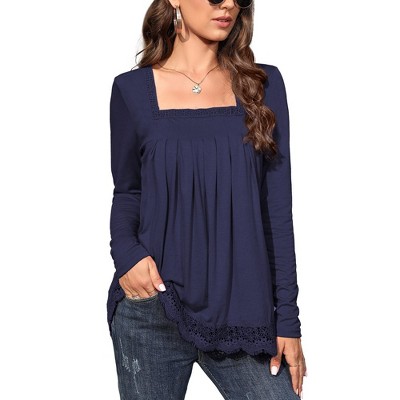 Long Sleeve Tunic Tops for Women Plus Size Square Neck T Shirt Solid Color Fall Lace Blouse