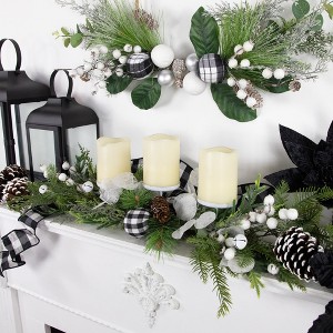 Northlight Mixed Foliage and Jingle Bell Christmas Pillar Candle Holder - 29" - 1 of 4