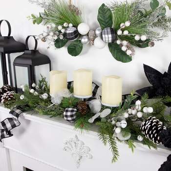 Northlight 29" Black and White Plaid Pinecone Christmas Pillar Candle Holder