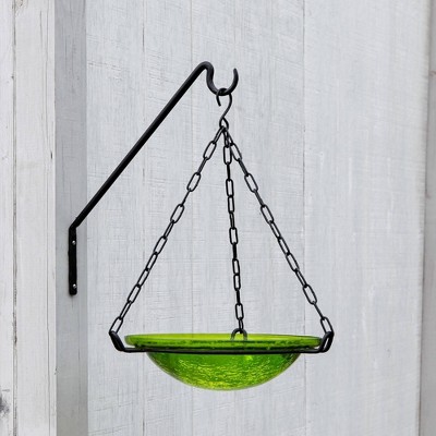 Fern Green Crackle Glass Hanging Birdbath with Wrought Iron Stand