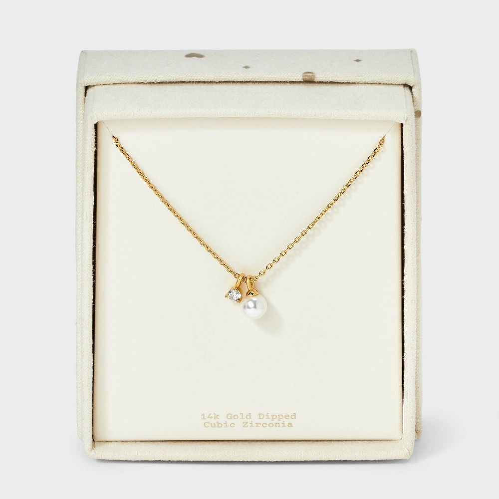14K Gold Plated Cubic Zirconia Pearl Charm Pendant Necklace - A New Day™ Gold