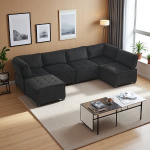 U-Shaped Corduroy Sectional Sofa with Reversible Chaise, Deep Seat & Durable Support - 1 of 4
