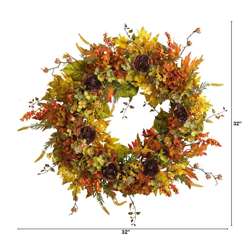 Nearly Natural 32” Fall Hydrangea, Ranunculus and Maple Leaf Autumn Artificial Wreath, 3 of 6