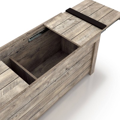 Weathered Oak Farmhouse Storage Bench with Slide Top