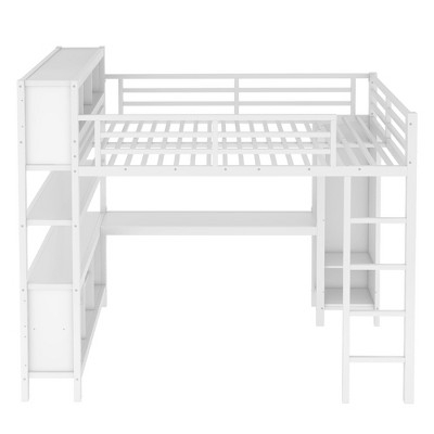 Bellemave Queen Loft Bed with Wardrobe and Storage Cubes,Metal Loft Bed with Guardrail, for Adults, Teens, Kids，White