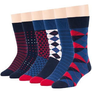 Men Cotton Patterned Dress Sock - 6 Pack - Argyle, Stripe, Dot - Shoe Size 9-12 L - Black, Brown, Navy, Blue | 7BIGSTARS KINGDOM - 1 of 3