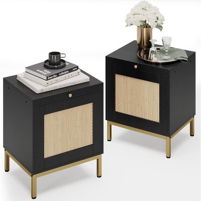 Homhougo Natural Rattan Nightstand Set of 2, Boho Bedside with Storage, End Table with Natural Rattan Decorated Drawers, Solid Metal Legs, Black