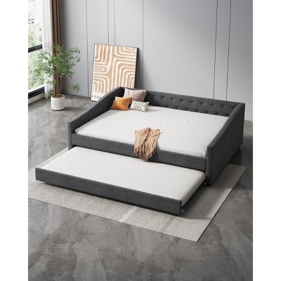 NicBex Full Sized Day Bed Upholstered Daybed with Trundle and Tufted Button and Copper Nail for Living Rooms
