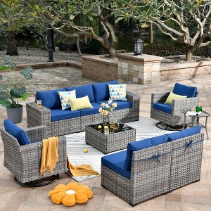 XIZZI 9PCS Patio Furniture Set with Sectional Sofa, All Weather PE Wicker Conversation Couch Set with Swivel Rocking Chairs and Side Table - 1 of 4