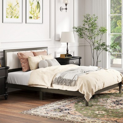 HOMCOM Bed Frame with Upholstered Headboard, Platform Bed Frame with Wooden Slats, No Box Spring Needed, Easy Assembly