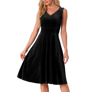Allegra K Women's Sleeveless Velvet Elegant V Neck A Line Flowy Cocktail Party Midi Dress - 1 of 4