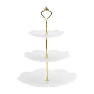 Unique Bargains 3 Tier Dessert Cupcake Stand Round Tiered Serving Tray for Donuts Fruits White Gold Tone - 1 of 4