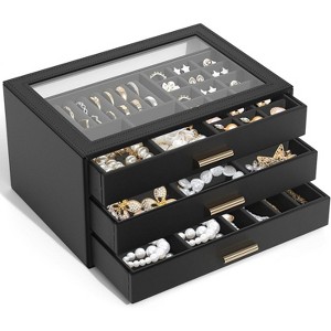 Leather Jewelry Box with Clear Lid, 2-Drawer Storage Organizer Case for Necklaces, Rings, Earrings, Bracelets - 1 of 4