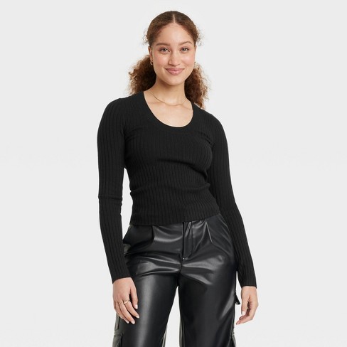 Women's Fine Gauge Scoop Neck Sweater - A New Day™ Black XS