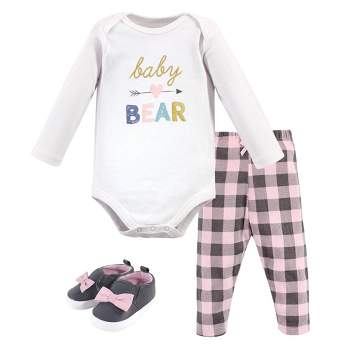Hudson Baby Infant Girl Cotton Bodysuit, Pant and Shoe 3pc Set, Girl Baby Bear