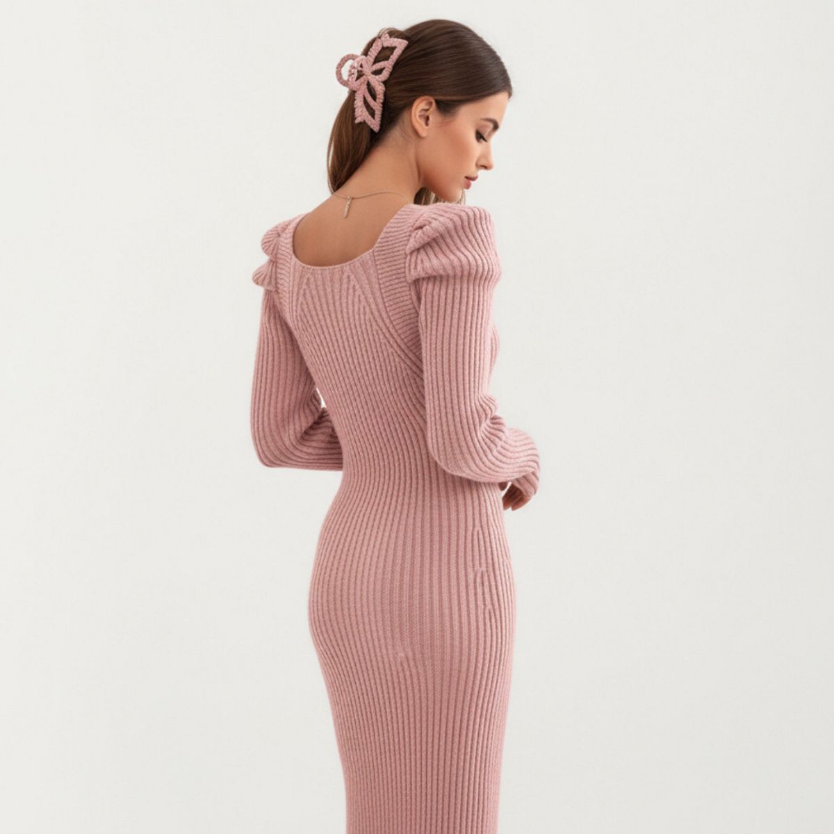 Anna-Kaci Women's Long Sleeve Ribbed Knit Bodycon Midi Dress with Puff Shoulder Detail - thumbnail 4
