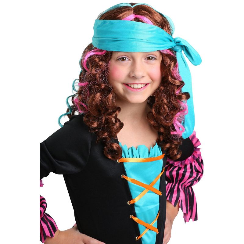 HalloweenCostumes.com  Girl Pirate Princess Curly Wig for Girls, Blue/Brown/Pink, 1 of 3