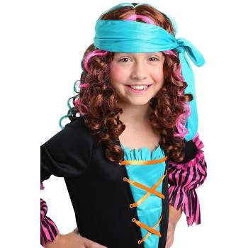 HalloweenCostumes.com  Girl Pirate Princess Curly Wig for Girls, Blue/Brown/Pink
