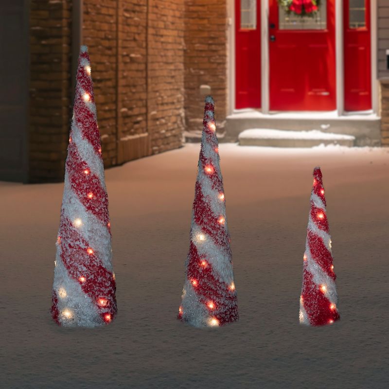 Northlight Set of 3 LED Lighted Snowy Candy Cane Striped Christmas Cone Trees 3.25', 4 of 7