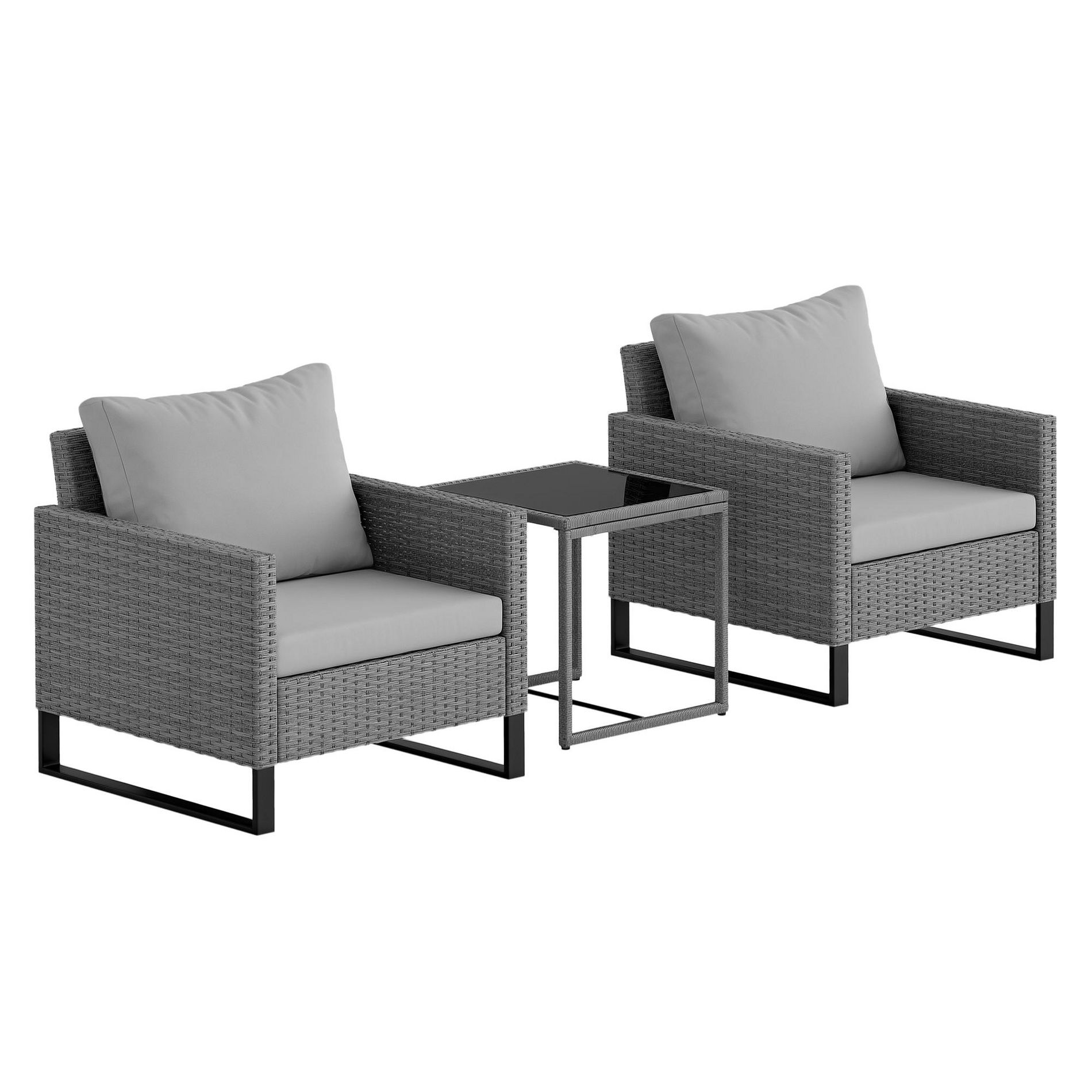Outsunny 3 Pieces Patio Furniture Set, Wicker Bistro Set with 4 Cushions, Rattan Chairs and Glass Coffee Table for Backyard, Porch, Balcony, Gray