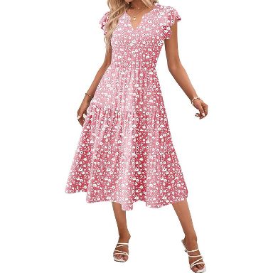 Zeagoo Women's V Neck Short Sleeve Midi Dress | Pink | Misses X-Large