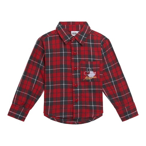 Disney Mickey Mouse Toddler Boys Flannel Button Down Dress Shirt Plaid Red 4t Target