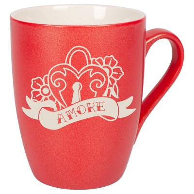 100 North Floral Heart 10 Ounce Crimson Red Metallic Finish, Comfortably Fits Your Hands, New Bone China Coffee Tea Cup Mug, Amore