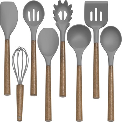 BRINJOY 9-Piece Gray Silicone Kitchen Cooking Spatula Set with Wooden Handle for Nonstick Pans, 446¡ãF Resistant Silicone with Large Stand