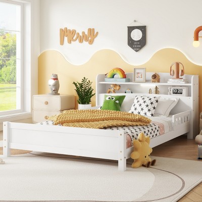 Full Size Platform Bed with Bookcase Headboard, Bed with LED Motion Sensor Light and Safety Guardrails, Slatted Pine Wood Frame Bed-Baofuwish