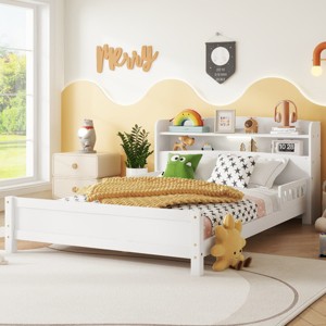 Full Size Platform Bed with Bookcase Headboard, Bed with LED Motion Sensor Light and Safety Guardrails, Slatted Pine Wood Frame Bed-Baofuwish - 1 of 4