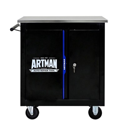 Maggift Double Door Tool Box, Portable Rolling Tool Box with 2 Large Shelf, Wheels, Metal Lock, Garage, Black, 25.9"*13.6"*30.7"
