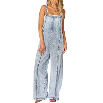 Amaryllis Women Acid Wash Denim Overalls Relaxed Fit Adjustable Straps Wide Leg Seam Detail Casual Jumpsuit