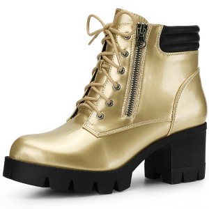 BLISSFUL STEP Women's Round Toe Chunky Heel Lug Sole Lace Up Zipper Combat Boots - 1 of 4