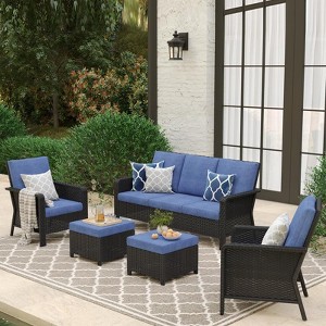 SUGOLD 5-Person Hand Woven Wicker Patio Conversation Set with Blue Cushions - 1 of 1