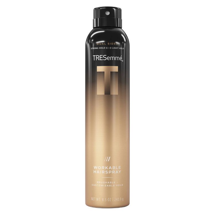 Black and gold colored hairspray can with "TRESemmé" and "WORKABLE HAIRSPRAY" text, featuring a net weight of 8.5 oz.