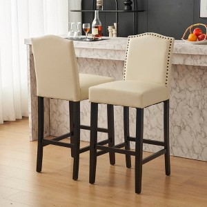 PU Faux Leather Armless Barstool (Set of 2) with Cushioned Backrest and Rubberwood Legs for Kitchen Island, Home Bar - 1 of 4