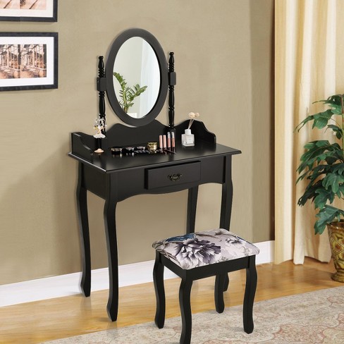 Costway Vanity Wood Makeup Table Stool, Black Makeup Vanity Set