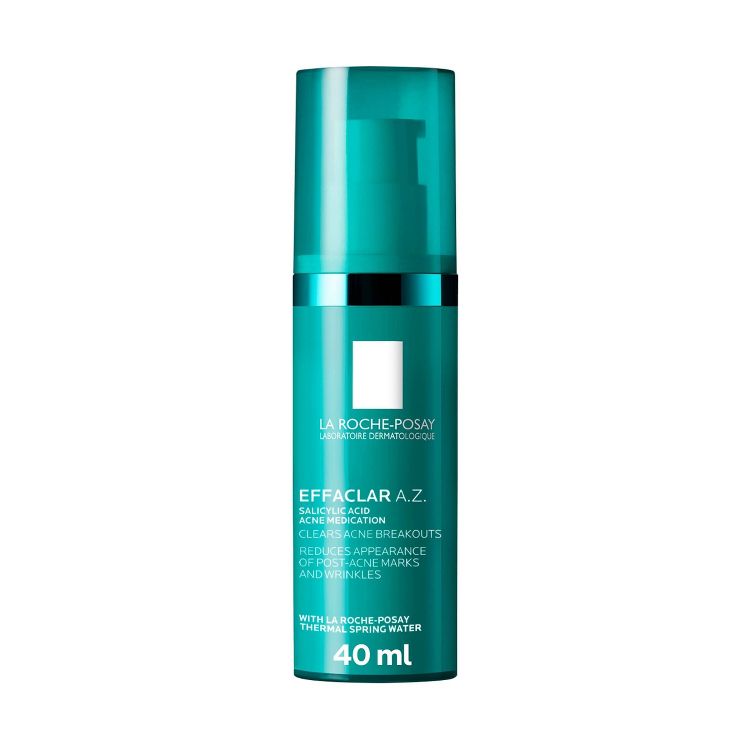 A teal colored bottle labeled "La Roche-Posay Effaclar A.Z." with 40 ml capacity, featuring salicylic acid acne medication.