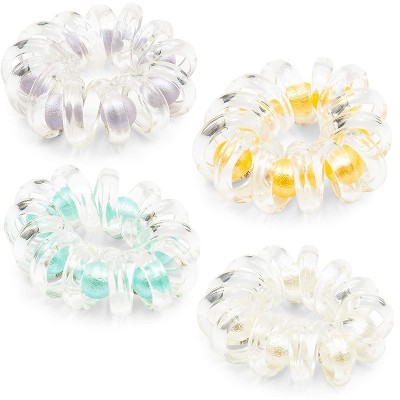 Zodaca 4 Pack Clear Spiral Hair Ties, Phone Cord Coil Style Elastic Band, Gorgeous Pearls Ponytail Holders
