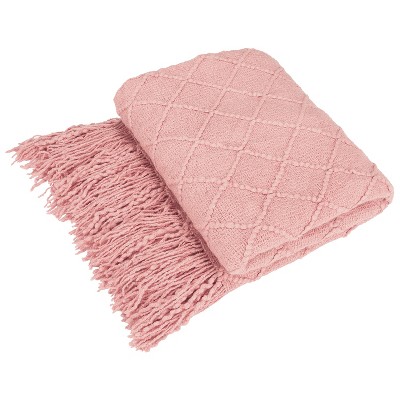 Catalonia Pink Knitted Throw Blanket for Couch, Decorative Blanket with Fringe | All Seasons, Lightweight, Cozy, Solid Color | 60×80 inches