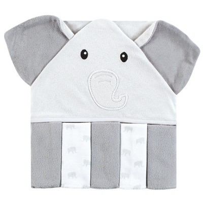 Hudson Baby Unisex Baby Hooded Towel and Five Washcloths, Gray Elephants, One Size