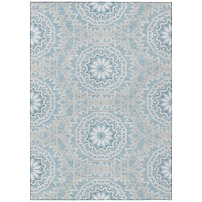 Denim Blue And Ivory Floral Medallion Washable Indoor Outdoor Area Rug